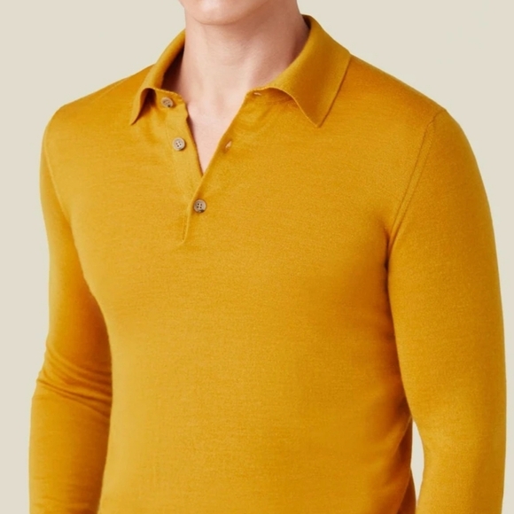 Vibrant Yellow Slim Fit Polo Knitted Shirt, Silk/Cashmere Colour: Mustard,$395 - Picture 4 of 9